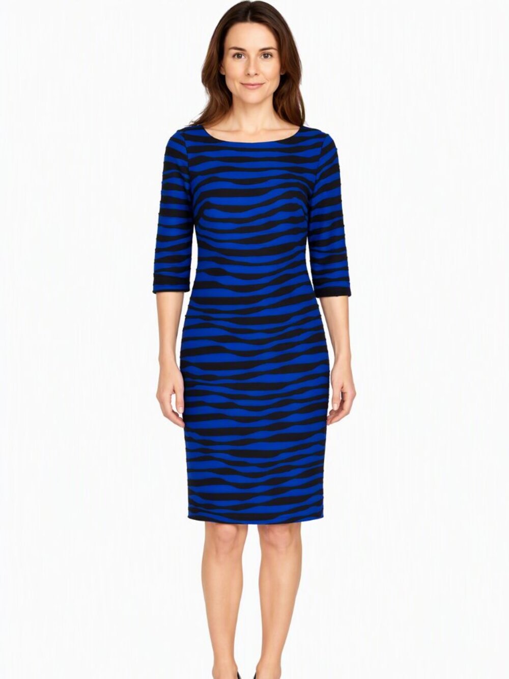 EUC Evan Picone Cobalt Blue & Black Print Dress | Size 4 | 3/4 Sheer Sleeves